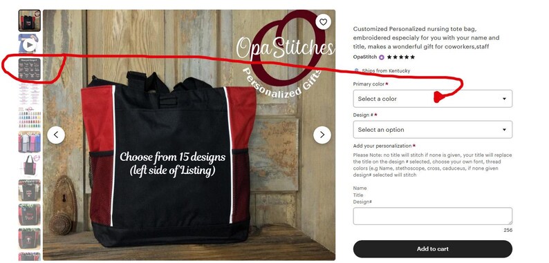 May include: A black and red tote bag with white trim and a side pocket. The bag has the text "Choose from 15 designs" on the front. The bag is for personalized gifts.