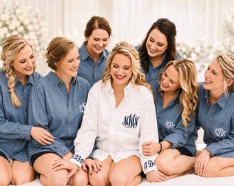 Monogram Bridesmaid Shirt, Embroidered Initial Denim Button Down, Personalized Bridal Gift