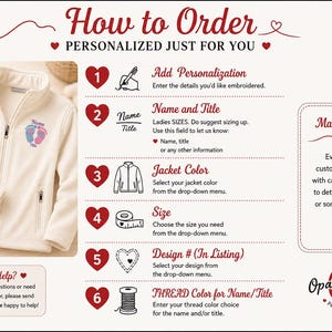 May include: An instructional graphic titled How to Order Personalized Just For You, featuring a cream-colored fleece jacket with embroidered baby footprints. The text outlines six steps for customization, including personalization, name, title, jacket color, size, design, and thread color.