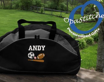 Personalized monogrammed football, baseball, soccer sports Duffel bag, embroidered with name, great use for workout, select desired design