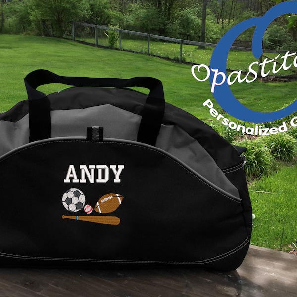 Personalized monogrammed football, baseball, soccer sports Duffel bag, embroidered with name, great use for workout, select desired design