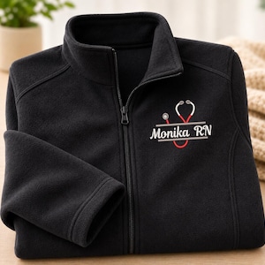 Personalized RN LPN Embroidered Fleece Jacket, Custom Nursing Workwear, Healthcare Appreciation Gift image 1