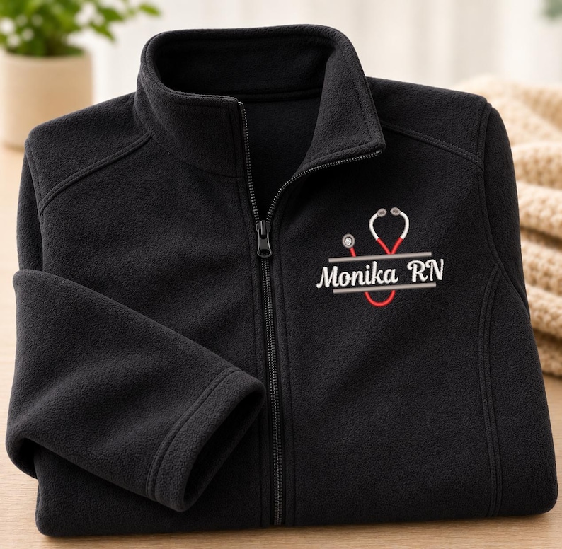 Personalized RN LPN Embroidered Fleece Jacket, Custom Nursing Workwear, Healthcare Appreciation Gift image 1