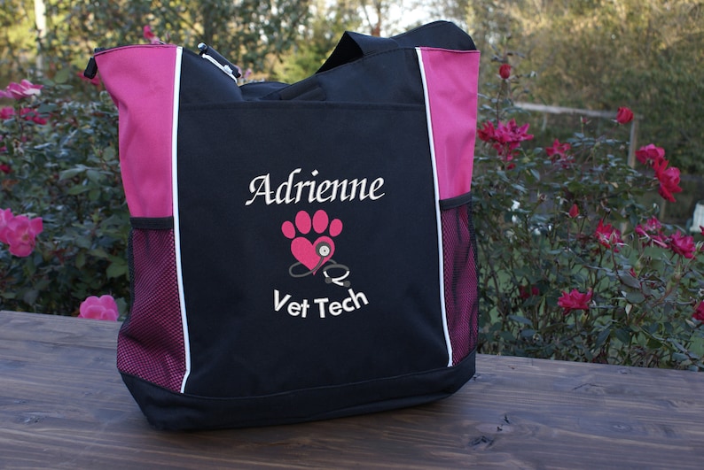 Personalized Vet Tech Tote embroidered with a paw heart stethoscope and name and title vet office staff veterinarian gift idea DMV gifts