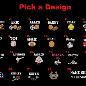 May include: A black and white graphic with 23 numbered designs for personalised apparel. The designs include sports, hobbies, and other activities. The text "Pick a Design" is at the top of the graphic.
