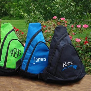 sling bag personalized, sports travel, great for youth, school group, monogramed, embroidered and personalized with with name/date, bulk