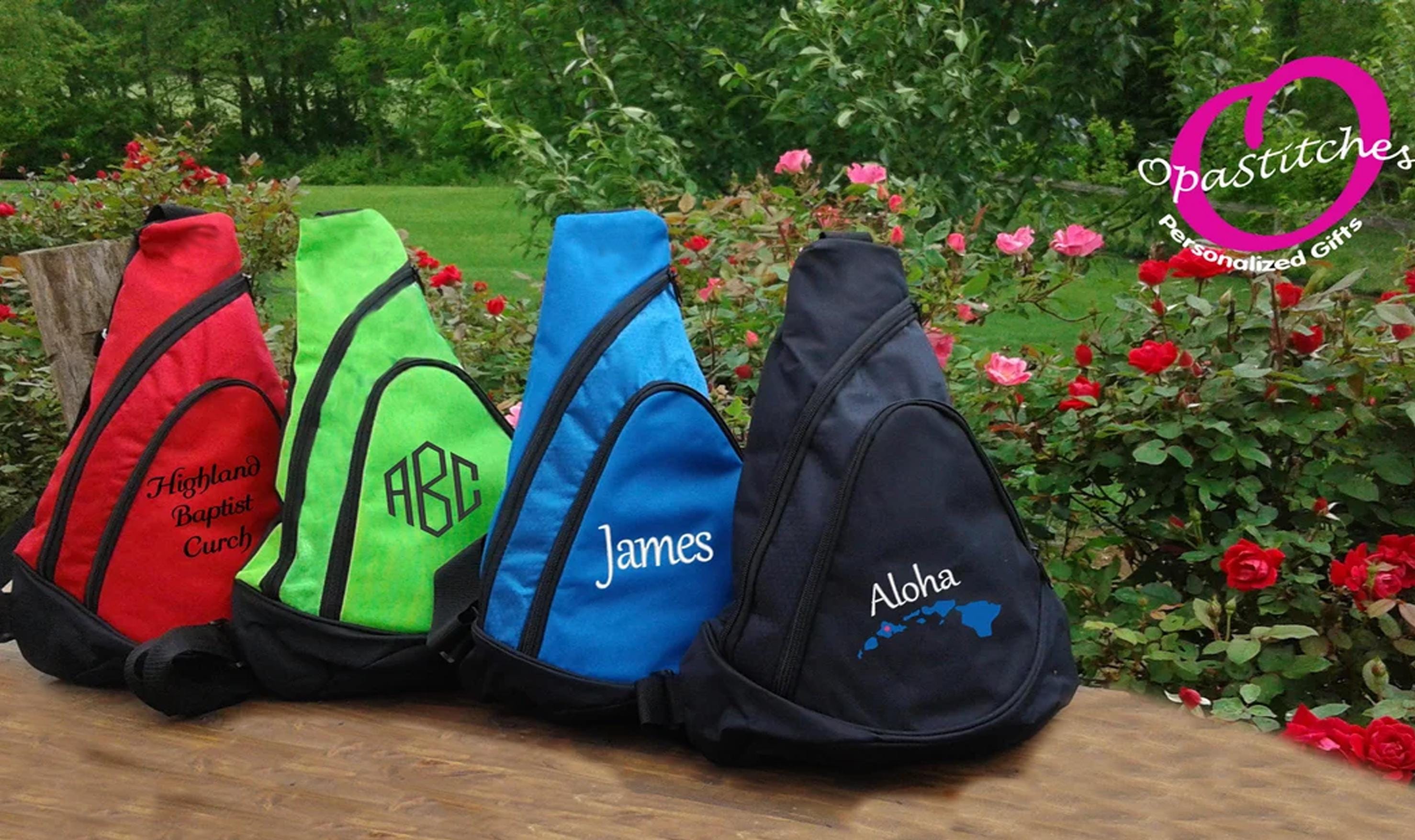 sling bag personalized, sports travel, great for youth, school group, monogramed, embroidered and personalized with with name/date, bulk