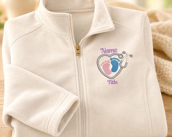 Personalized Labor and Delivery Nurse Fleece Jacket, Baby Feet RN Embroidered Jacket, OB Nurse Gift, Maternity Nurse Workwear
