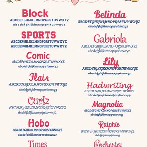 Puede incluir: Una tabla de selecci&oacute;n de fuentes con el t&iacute;tulo Font Choices y una lista de veinte estilos de caracteres distintos, incluidos Block, Sports, Comic, Hair, Curlz, Hobo, Times, Murray, Belinda, Gabriola, Lily, Hadwriting, Magnolia, Ralphie, Rochester y Shirley.