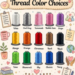 Puede incluir: Una carta de colores que muestra quince carretes de hilo de bordar en varios tonos, incluyendo blanco, gris, rosa, morado, amarillo, naranja, rojo, marr&oacute;n, negro, verde y azul, cada uno etiquetado con su nombre de color debajo del carrete.