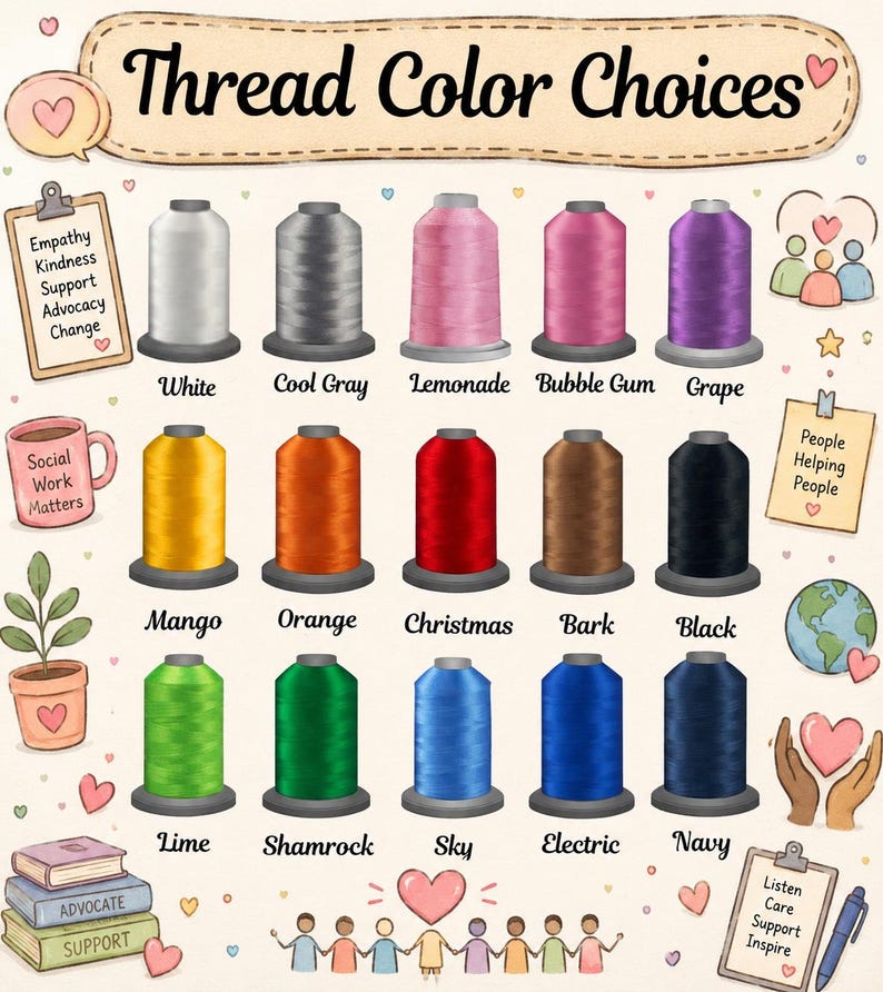 Puede incluir: Una carta de colores que muestra quince carretes de hilo de bordar en varios tonos, incluyendo blanco, gris, rosa, morado, amarillo, naranja, rojo, marr&oacute;n, negro, verde y azul, cada uno etiquetado con su nombre de color debajo del carrete.