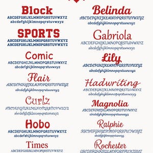 May include: A font choice chart featuring a red spool of thread and a silver needle at the top. The text reads Font Choices, followed by a list of sixteen distinct font styles including Block, Sports, Comic, Flair, Curlz, Hobo, Times, Murray, Belinda, Gabriola, Lily, Hadwriting, Magnolia, Ralphie, Rochester, and Shirley.