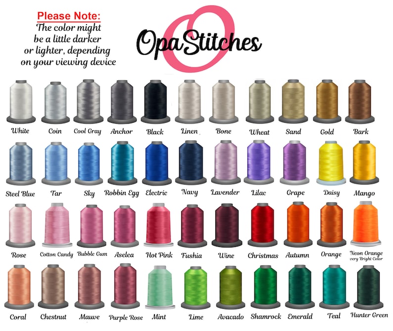 May include: A chart of 48 different colors of embroidery floss, with the name of each color listed below the spool. The colors are arranged in rows and columns, and the chart is titled "Opa Stitches".
