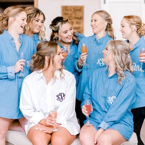 Custom Bridal Party Shirts – Embroidered Bridesmaid Gifts–Monogrammed Denim Button Down Getting Ready Shirts for Bride Crew, bridesmaid gift