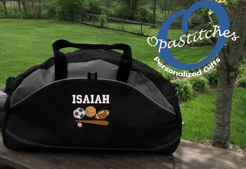 Monogrammed sports Duffel Bag, personalized embroidered with name/design,Football, baseball, multi, skates, boxing ect,select design image 1