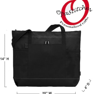 May include: Black tote bag with a zipper closure, two mesh pockets, and a large pocket on the front. The bag measures 14 inches high, 20 inches wide, and 4 inches deep.