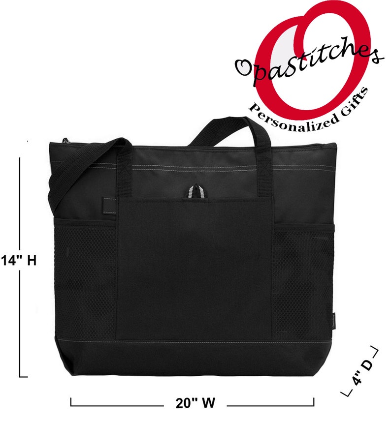 May include: Black tote bag with a zipper closure, two mesh pockets, and a large pocket on the front. The bag measures 14 inches high, 20 inches wide, and 4 inches deep.