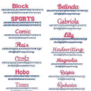 May include: A chart of different font styles with the alphabet in uppercase and lowercase letters. The font styles include Block, Sports, Comic, Flair, Curlz, Hobo, Times, Murray, Belinda, Gabriola, Lily, Hadwriting, Magnolia, Ralphie, Rochester, and Shirley.
