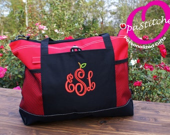 Monogramed Personalized teacher tote bag, embroidered monogram with teachers monogram, great gift idea with front pocket, zippered top