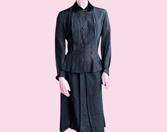FILM NOIR Demure 1940's Inky Black Peplum Jacket and Skirt Set