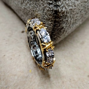 2 tone inspired stainless steel eternity ring pave round cut cz stones 14kt gold and rhodium plated