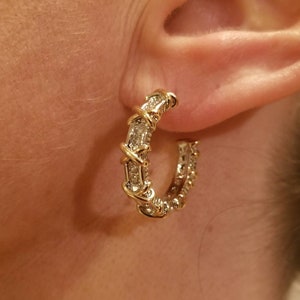 2 tone inspired stainless steel hoop earrings quarter sized pave round cut cz stones no tarnish vermeil and rhodium plated