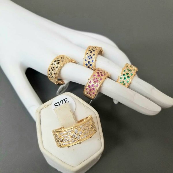 18 kt gold plated clover pattern multicolor and white pave cz stackable rings