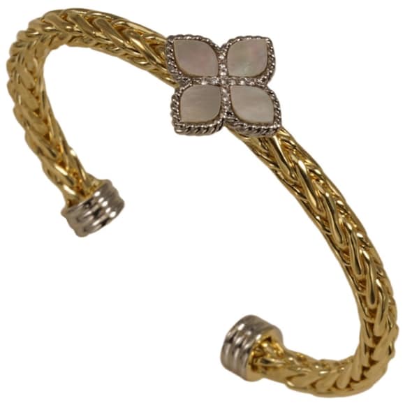 18 karat gold silver plated clover mother of pearl white cz stone stackable bangle bracelet 6-7 inch wrist 8mm  stainless steel adjustable