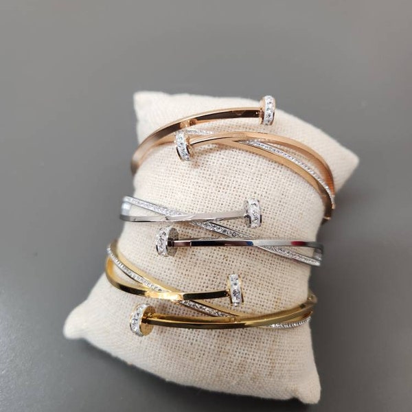 Stainless steel crystal stackable bangle iced out bracelet silver gold pink 6 to 6.5 inch wrist fit