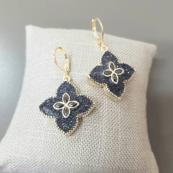 Two tone clover inspired trendy dangle drop earrings with clover pattern jet black marquise stones gold vermeil plated contour back