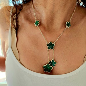 Gold plated malachite stone trendy 5 clover flower dangling necklace adjustable 16 to 20 inch stainless steel anti tarnish