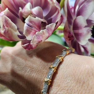 Two tone inspired vermeil and rhodium stainless steel bangle trendy stackable bracelet with pave round cut stones stackable jewelry