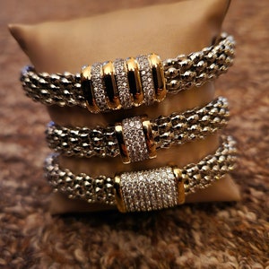 Stainless steel inspired two tone trendy bracelet everyday wear party fashion 6.5 7 to 7.5 inch with cz stones