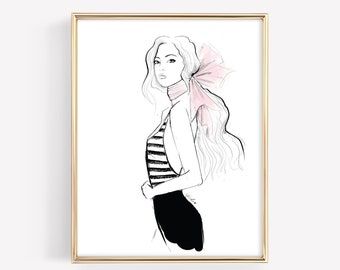 Bow Girl - PRINTABLE, digital download, instant art, Wall Art, Wall Decor, Poster, Drawing, Home Decor, Fashion Illustration