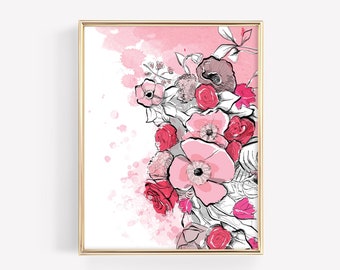 Pink Florals - PRINTABLE art, Flower Illustration Wall Art, wall decor, Pink decor, Flower art, Watercolour poster, digital download