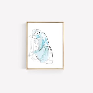 May include: A line drawing of a person in a blue and white patterned dress, sitting on a stool with their head resting on their arm.