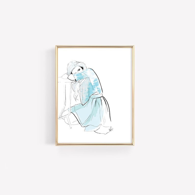 May include: A line drawing of a person in a blue and white patterned dress, sitting on a stool with their head resting on their arm.