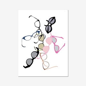 May include: An abstract illustration of a collection of eyeglasses and sunglasses in various colors, including black, blue, pink, and brown. The glasses are arranged in a chaotic and overlapping pattern, creating a dynamic and playful composition.