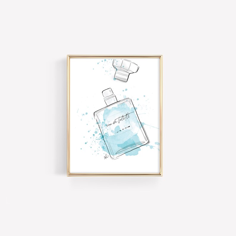May include: A watercolor illustration of a perfume bottle with a blue liquid and the text "eau de toilette" on the label. The bottle is surrounded by blue watercolor splatters.