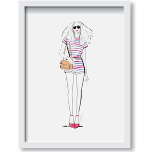 May include: A line drawing of a woman wearing a striped jumpsuit, sunglasses, and red heels. She is carrying a brown handbag.