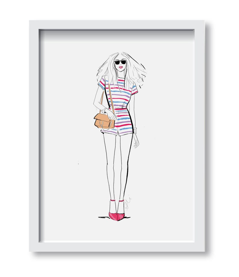 May include: A line drawing of a woman wearing a striped jumpsuit, sunglasses, and red heels. She is carrying a brown handbag.