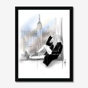 May include: A black and white line drawing of a person sitting in a window with a view of the city skyline. The person is wearing a long coat and jeans. The city skyline includes a tall building in the centre.