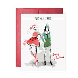Qui le portait le mieux - Carte de voeux, Carte d'illustration, Carte de Noel, Carte de Vacances, Santa et Elf Card