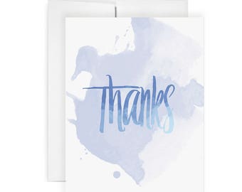 Artistic Thanks - Greeting Card, Watercolour, Thank You Card, Painted Card, Illustrated Card, Thank You Note, Blue Color