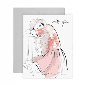 Missing You - Carte de vœux, Illustration de mode, Carte Miss You, Carte triste, Rose, Papeterie
