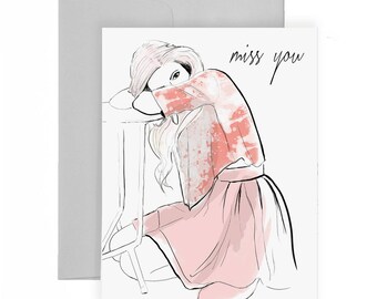 Missing You - Wenskaart, Mode Illustratie, Miss You Card, Sad Card, Roze, Briefpapier