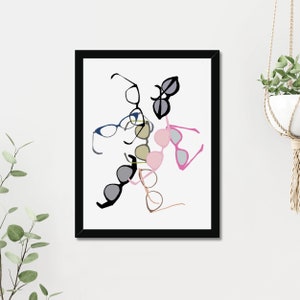 May include: A framed print of a colorful abstract design featuring various styles of glasses and sunglasses. The glasses are arranged in a random pattern, creating a playful and modern aesthetic.