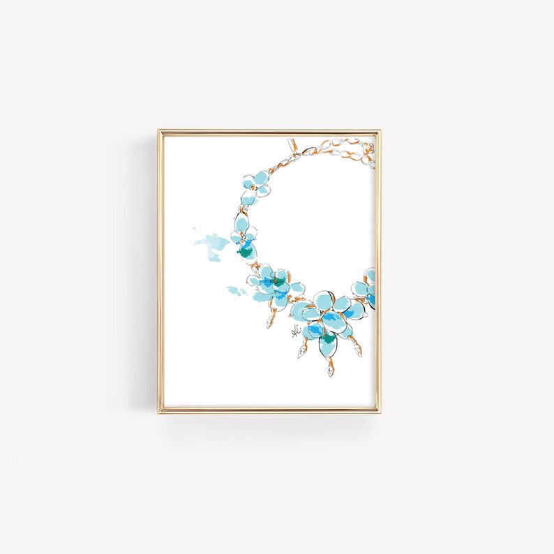 May include: A framed illustration of a blue and gold necklace with a floral design.