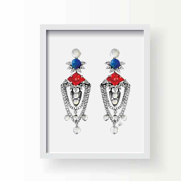 Party Stones - Fashion Statement Earrings Fine Art Illustration Print, Wall Art Print, Poster Illustration, Art for Home, Office, Accessory