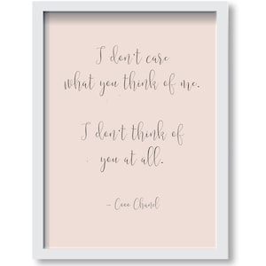 May include: A pink background with a white frame and a black quote that reads "I don't care what you think of me. I don't think of you at all. - Coco Chanel"